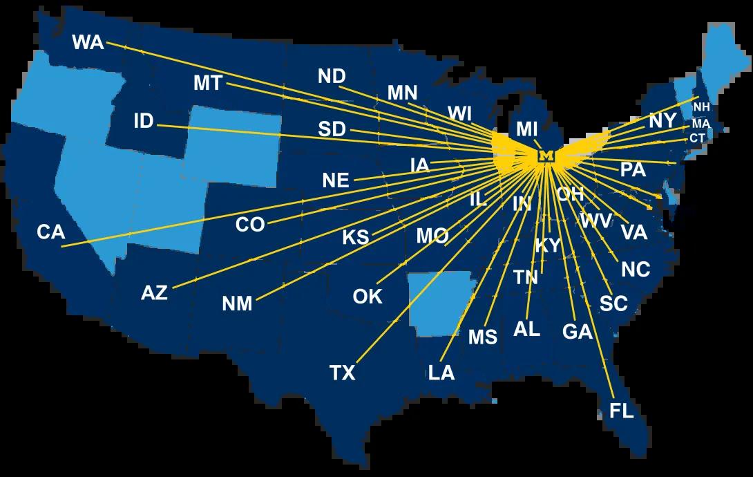 Map of nationwide patient referrals to the Chad Carr Pediatric Brain Tumor Center, a destination center for children with high-risk brain tumors.