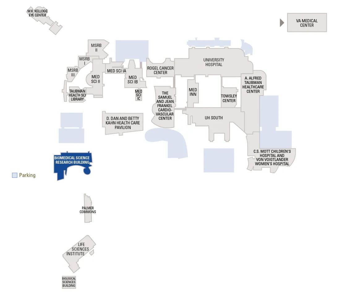 Map of the medical center with the Biomedical Science Research Building highlighted
