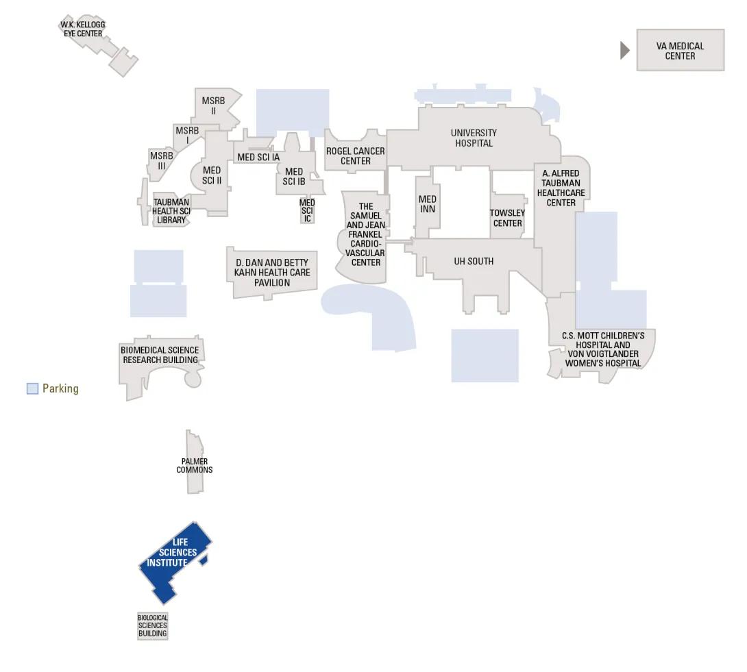 Map of the medical center with the Life Sciences Institue highlighted