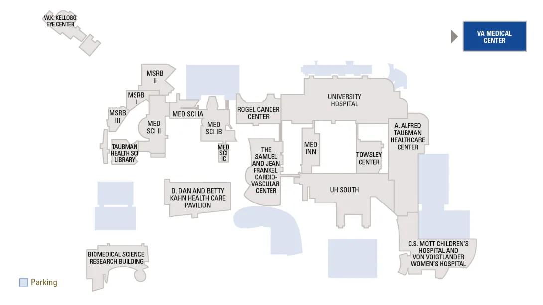 Map of the medical center with VA Medical Center highlighted