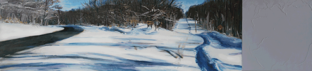 Panoramic winter landscape with a snow-covered road curving through a wooded area, a dark river running alongside it, bare trees lining the banks, and muted blue and gray tones suggesting cold, quiet conditions.
