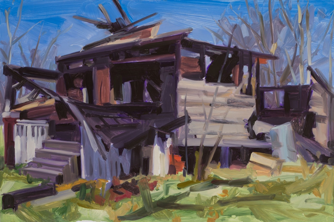 Expressive painting of a weathered, partially collapsed wooden house with broken beams and boarded sections, set against leafless trees and a bright blue sky, with thick, energetic brushstrokes emphasizing decay and abandonment.