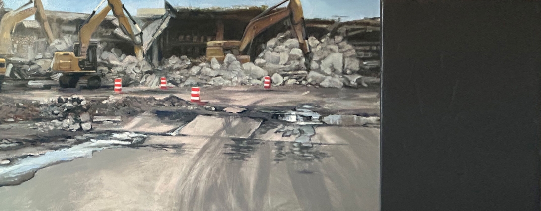 Painted scene of an urban demolition site with excavators tearing into a concrete structure, piles of broken rubble, orange-and-white traffic barrels marking the work zone and a cracked roadway in the foreground under a pale sky.