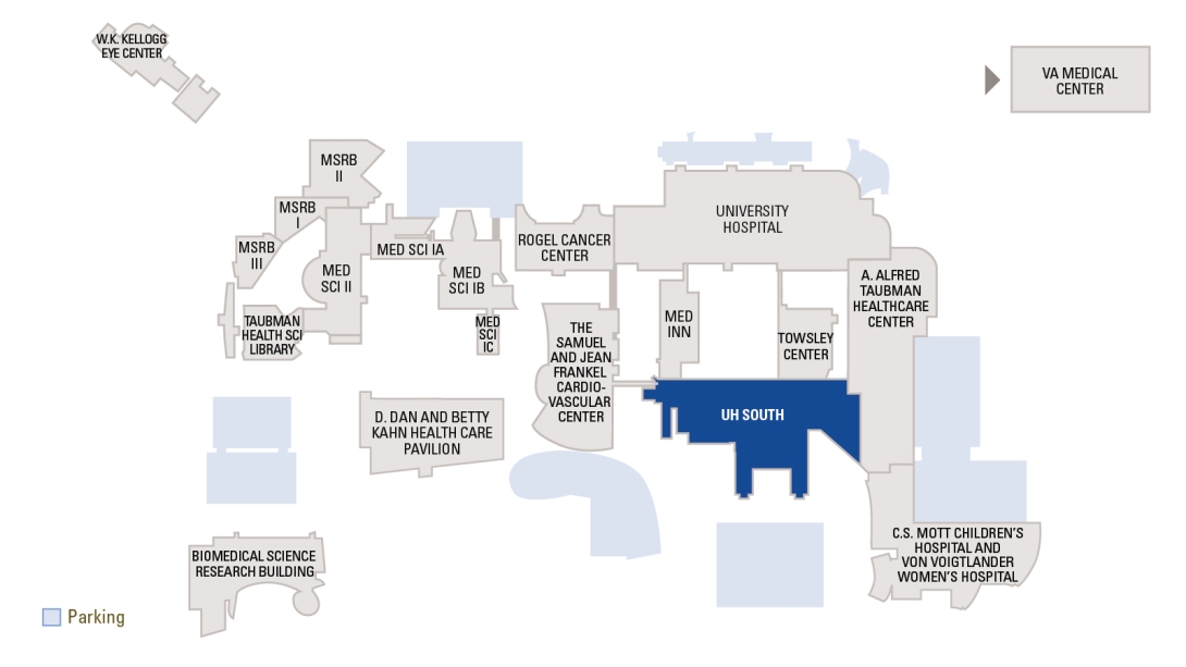 Map of the medical center with UH South highlighted