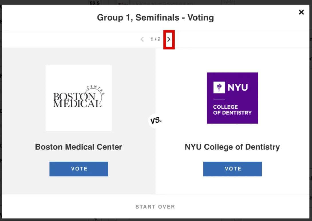 Screenshot with a red rectangle surrounding the arrow to click to move through the bracket