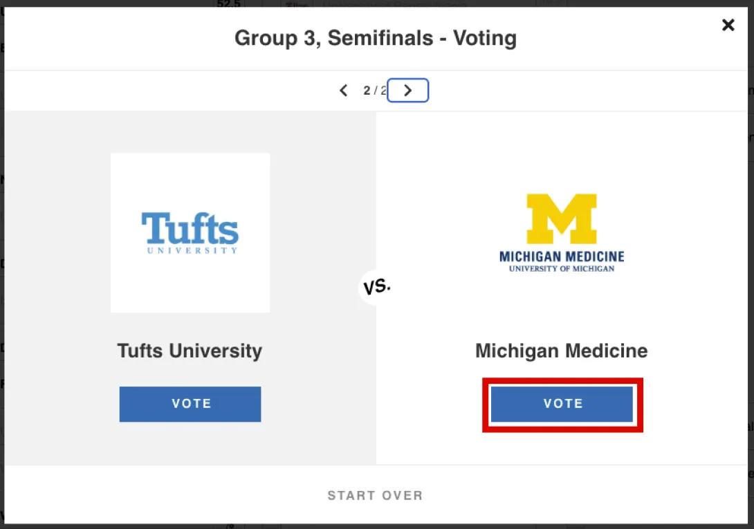 Screenshot with a red rectangle around the "vote" link button under the Michigan Medicine logo