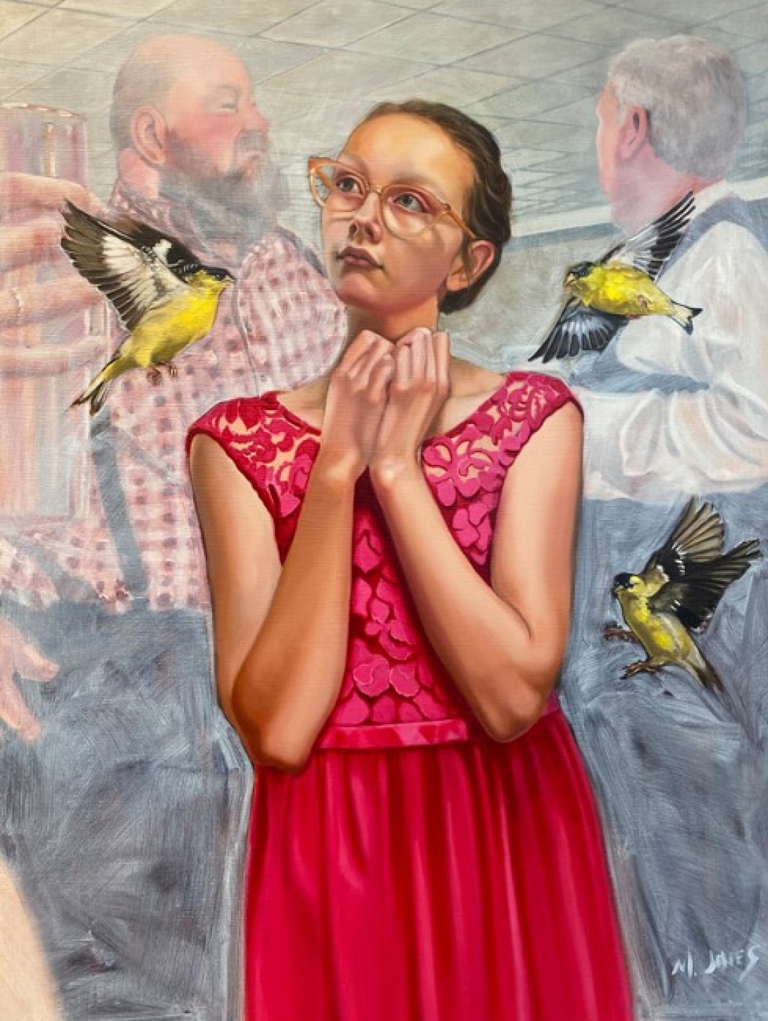 Painting of a girl in a fuschia sleeveless dress with hands held together in front of  her neck.