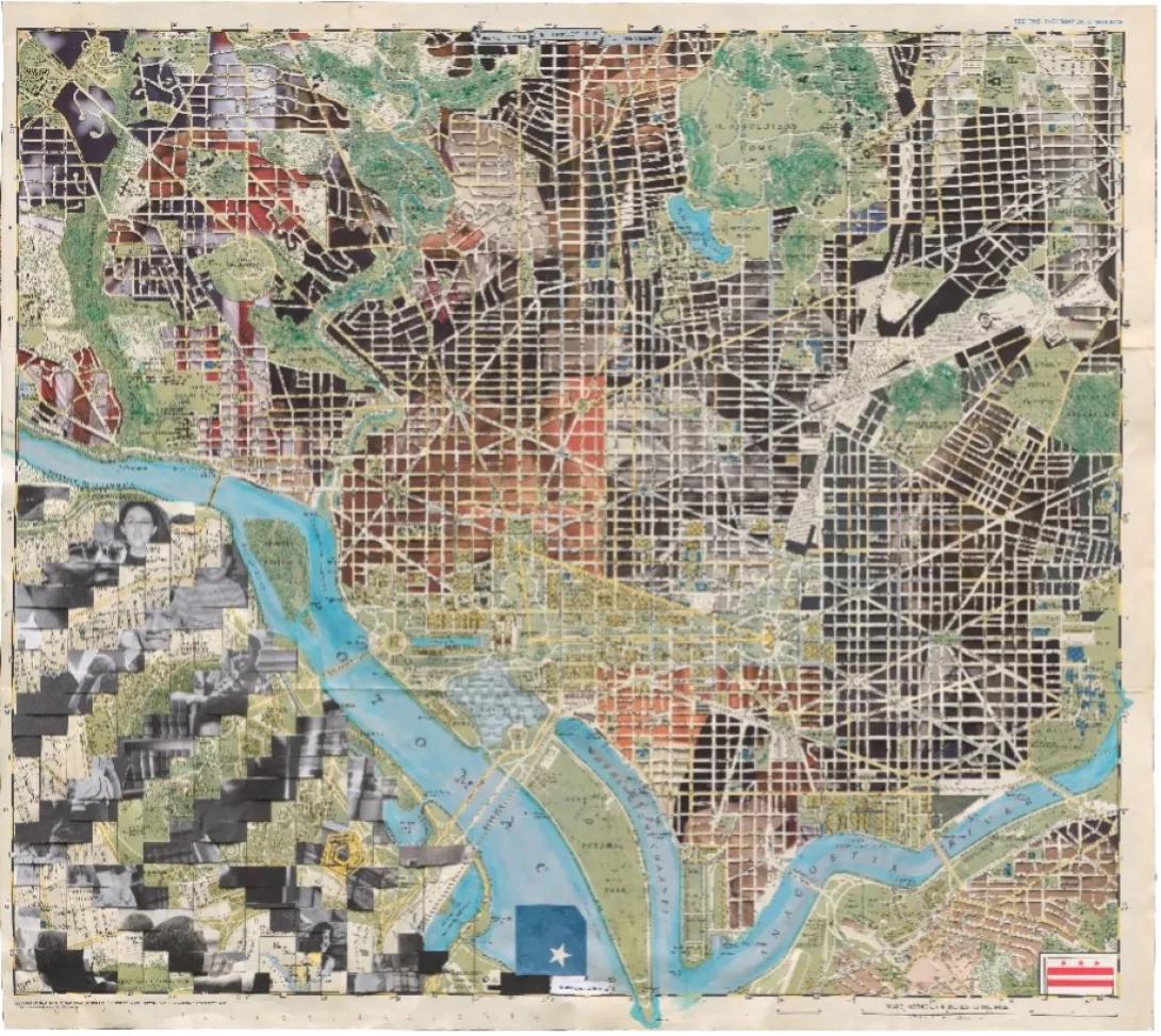 Missed, 2023; Paper - 1948 map of central Washington, DC, ephemera, acrylic medium; 24h x 27.25w inches
