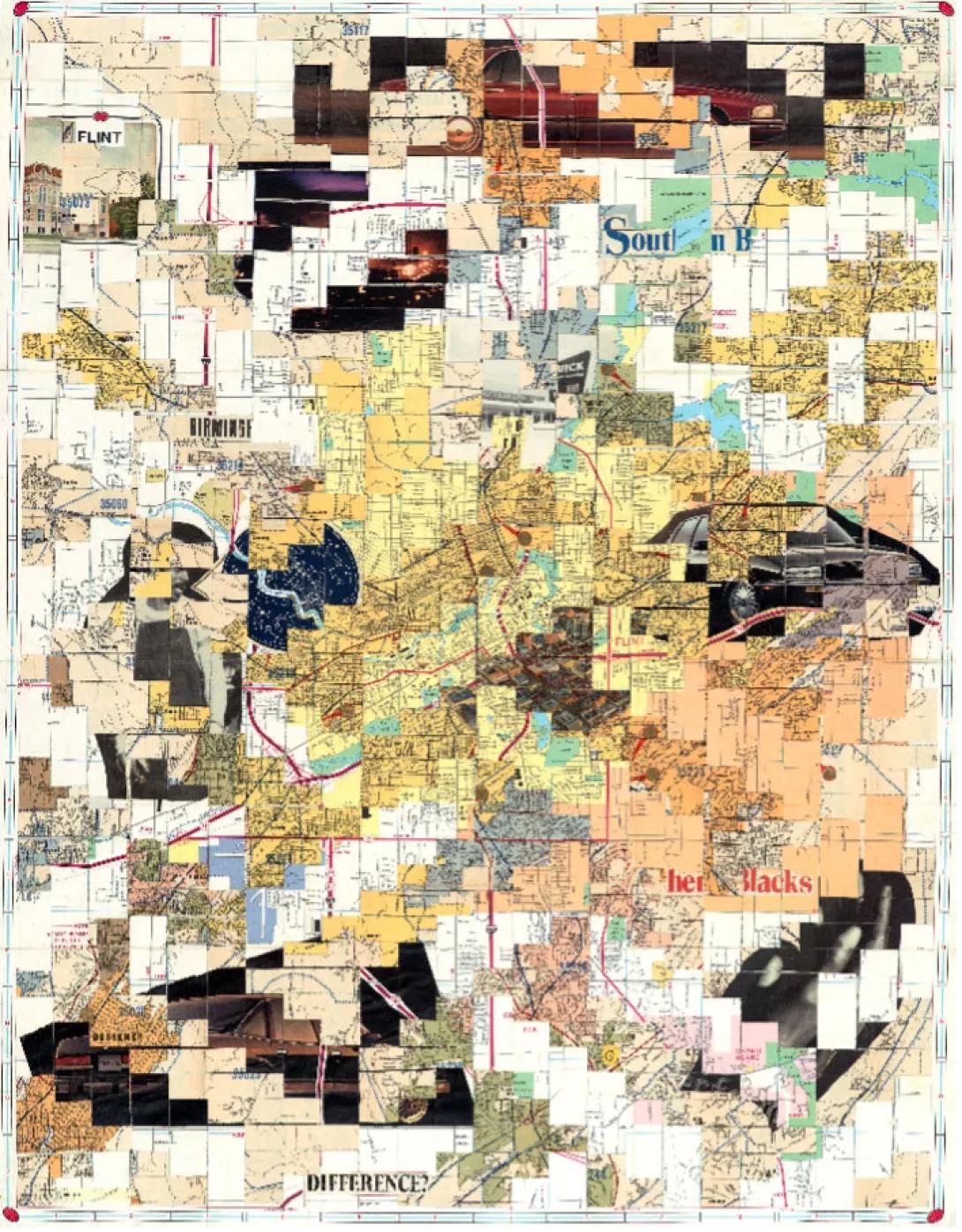 Up-North South, 2023; Paper - Maps of Birmingham, Alabama and Flint, Michigan, acrylic medium; 32.75h x 25.5w inches