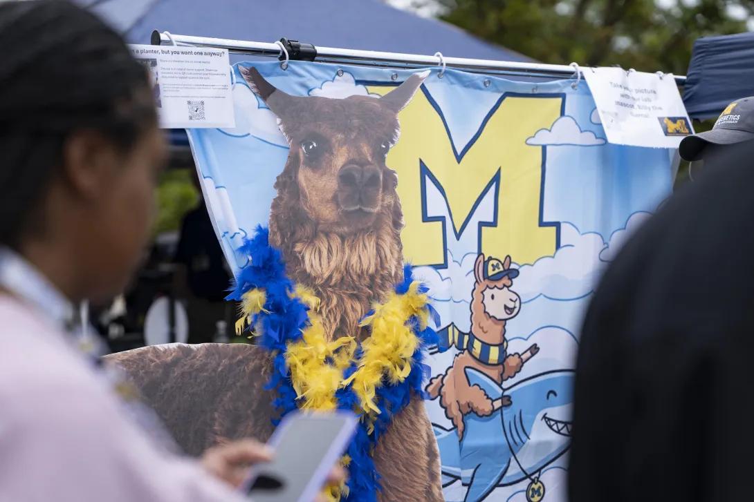 sign with a llama on it at a tabling event outdoors
