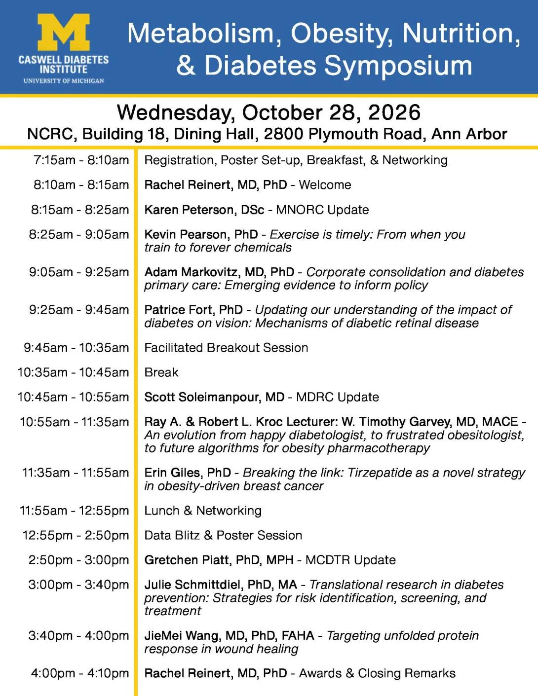 2026 Metabolism, Obesity, Nutrition & Diabetes Symposium schedule featuring speakers, research presentations, breakout and poster sessions, networking, and closing remarks on October 28, 2026.